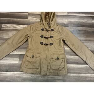 Aeropostale Women’s Tan Jacket Hooded Utility Duffle Coat Button Pockets Zip S